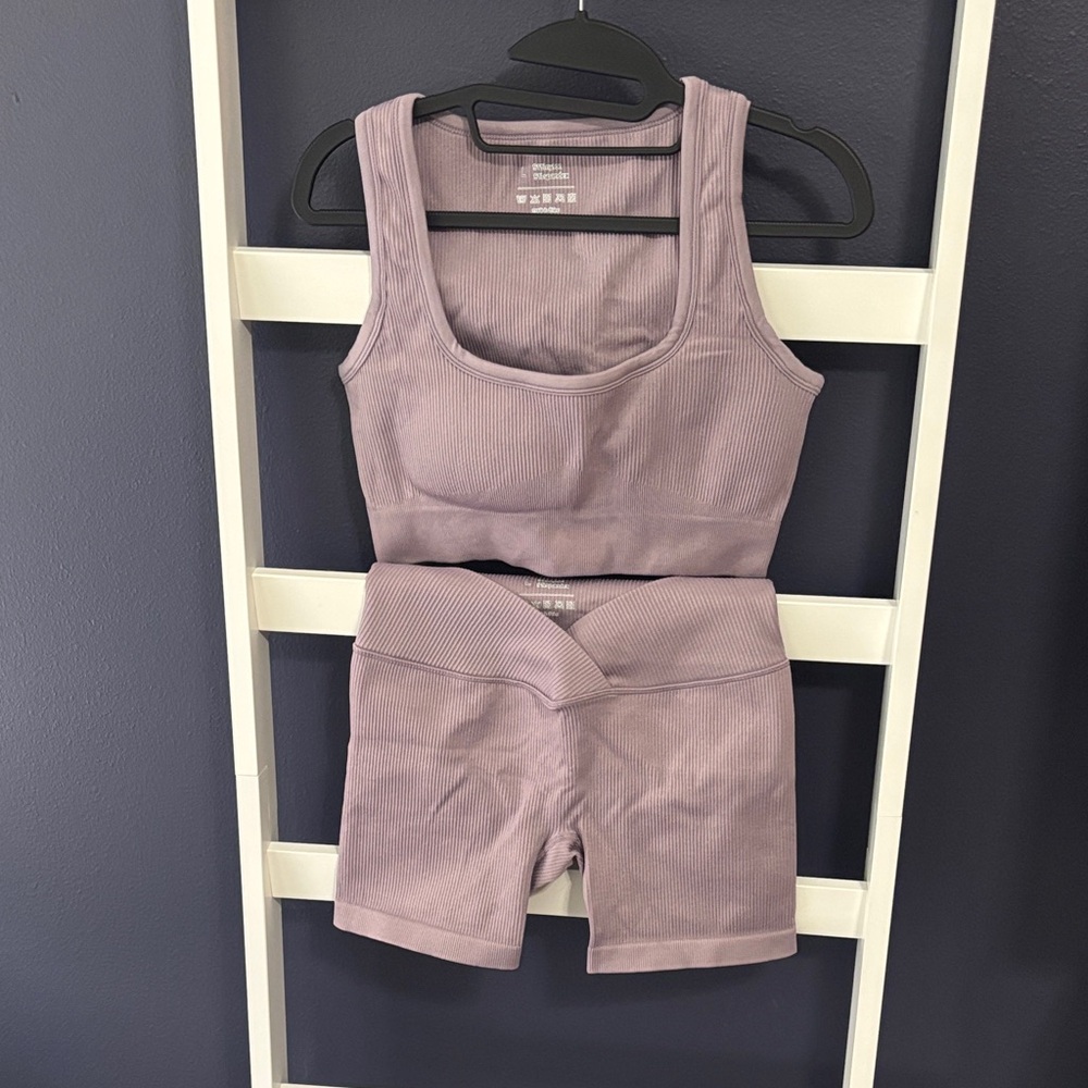 Lavender Ribbed Tank and Shorts Workout Set